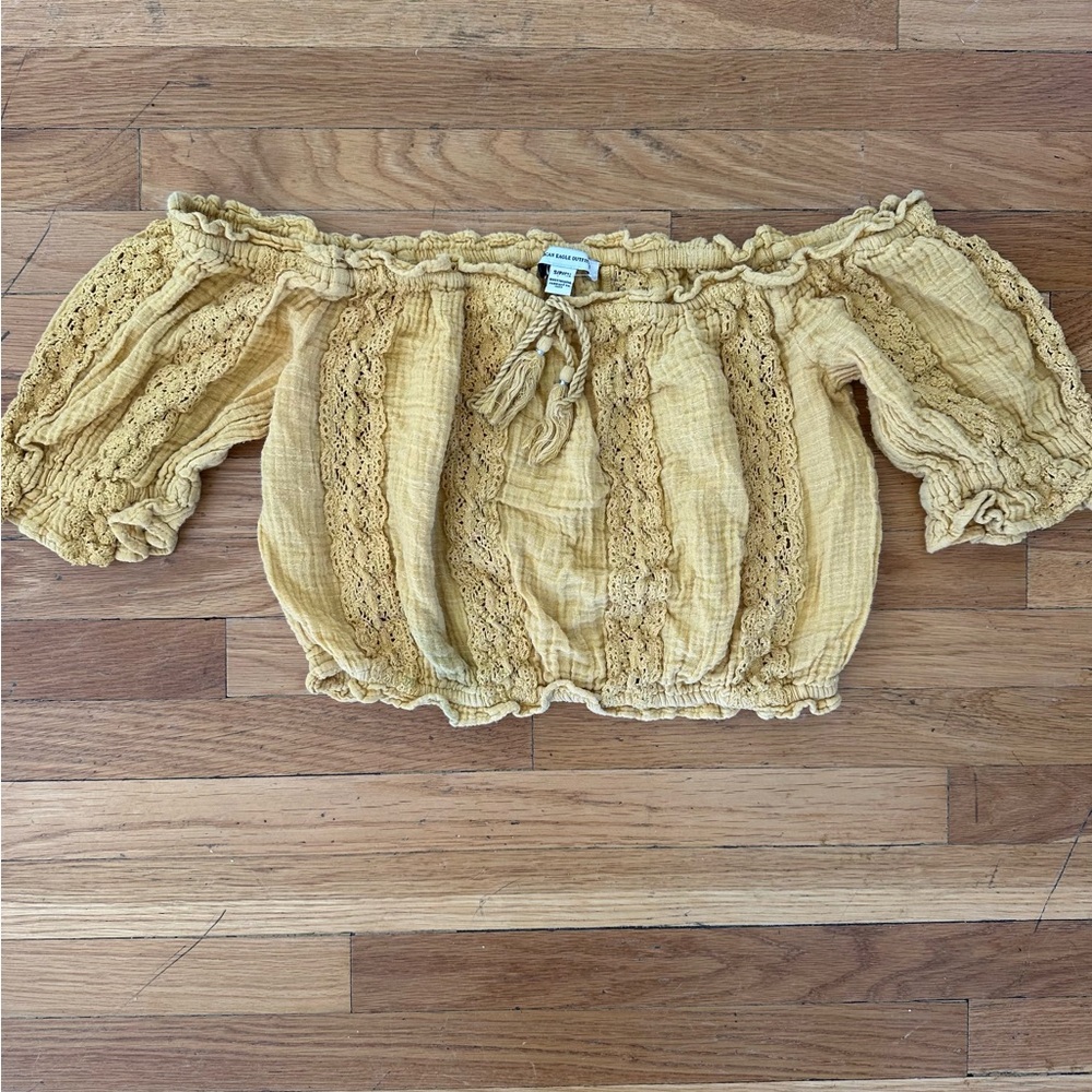 American Eagle Boho Off Shoulder Top Mustard Crochet Lace Crop Festival